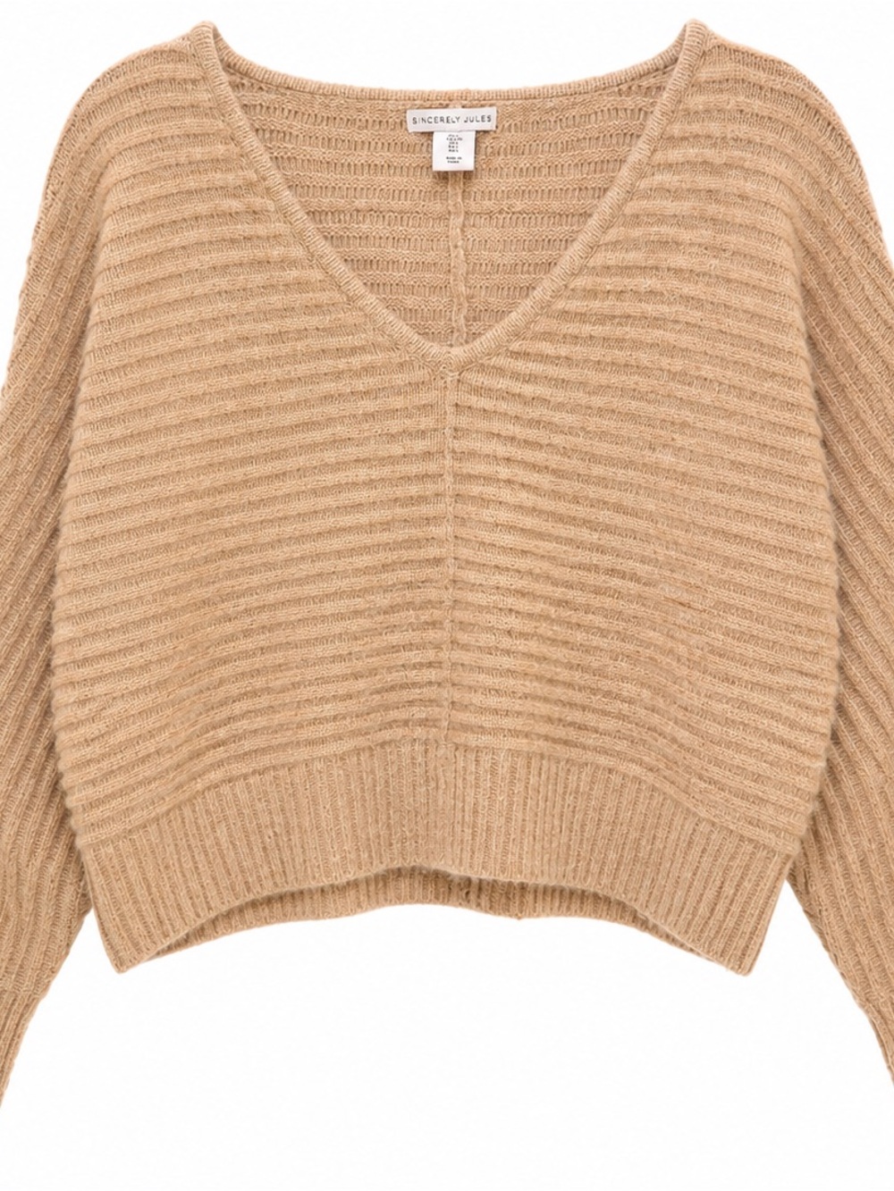 Sincerly Jules V-Neck Ribbed Sweater in Camel/Tan